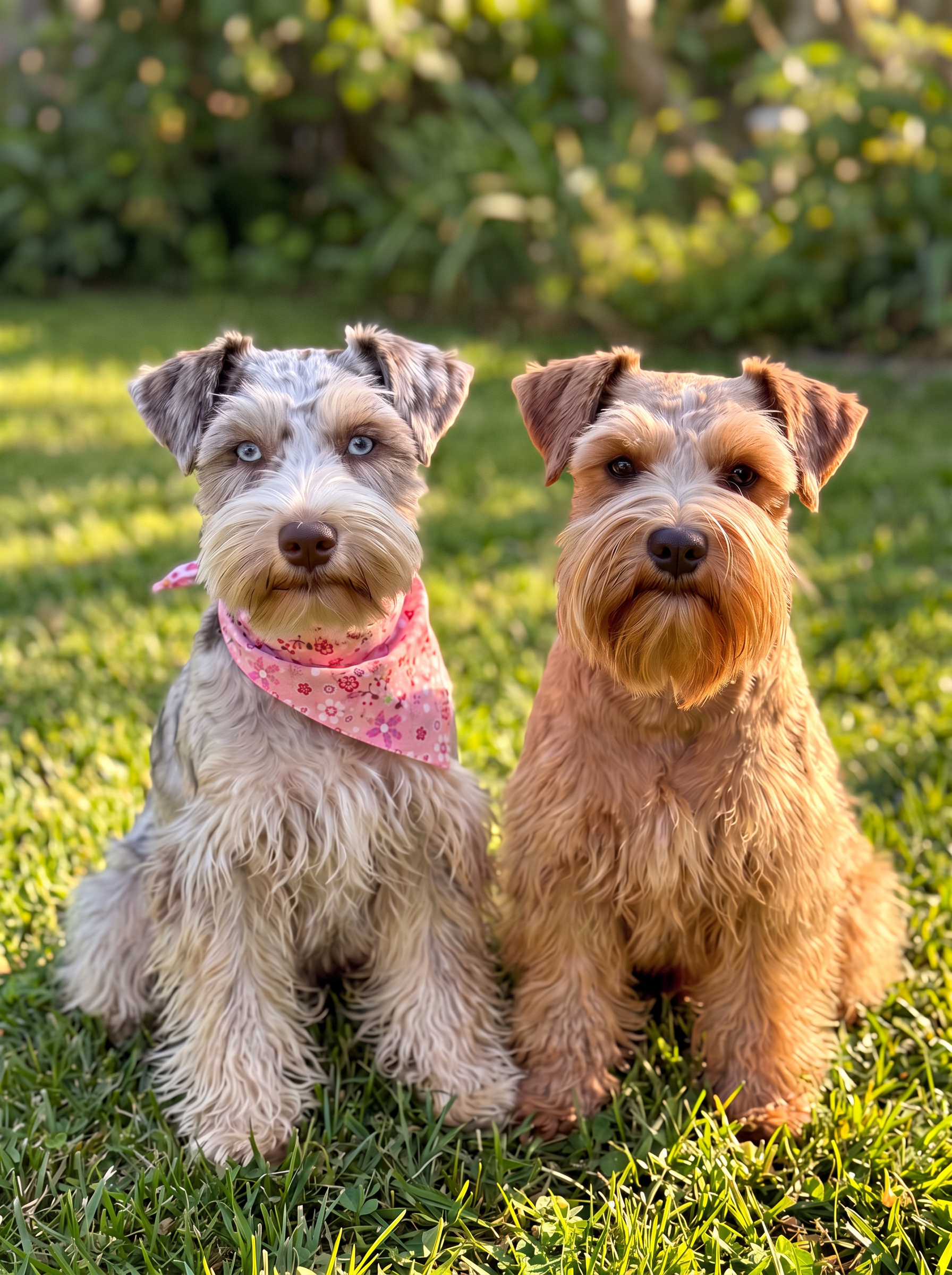 Avery, the liver merle miniature schnauzer mom with blue eyes and a pink bandana, sitting beside Rowan, the red miniature schnauzer dad